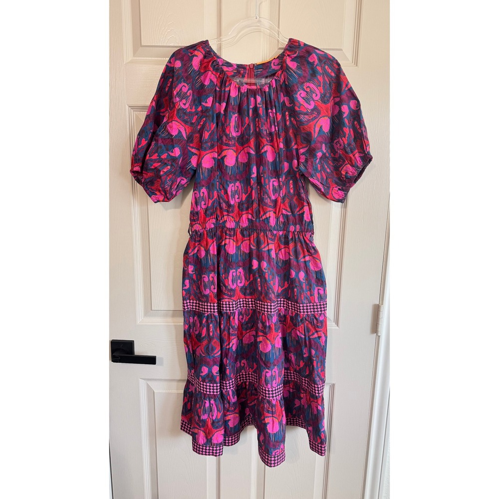 Oliphant Midi Dress Women M Pink Blue Abstract Puff Sleeve Tiered Resort Boho